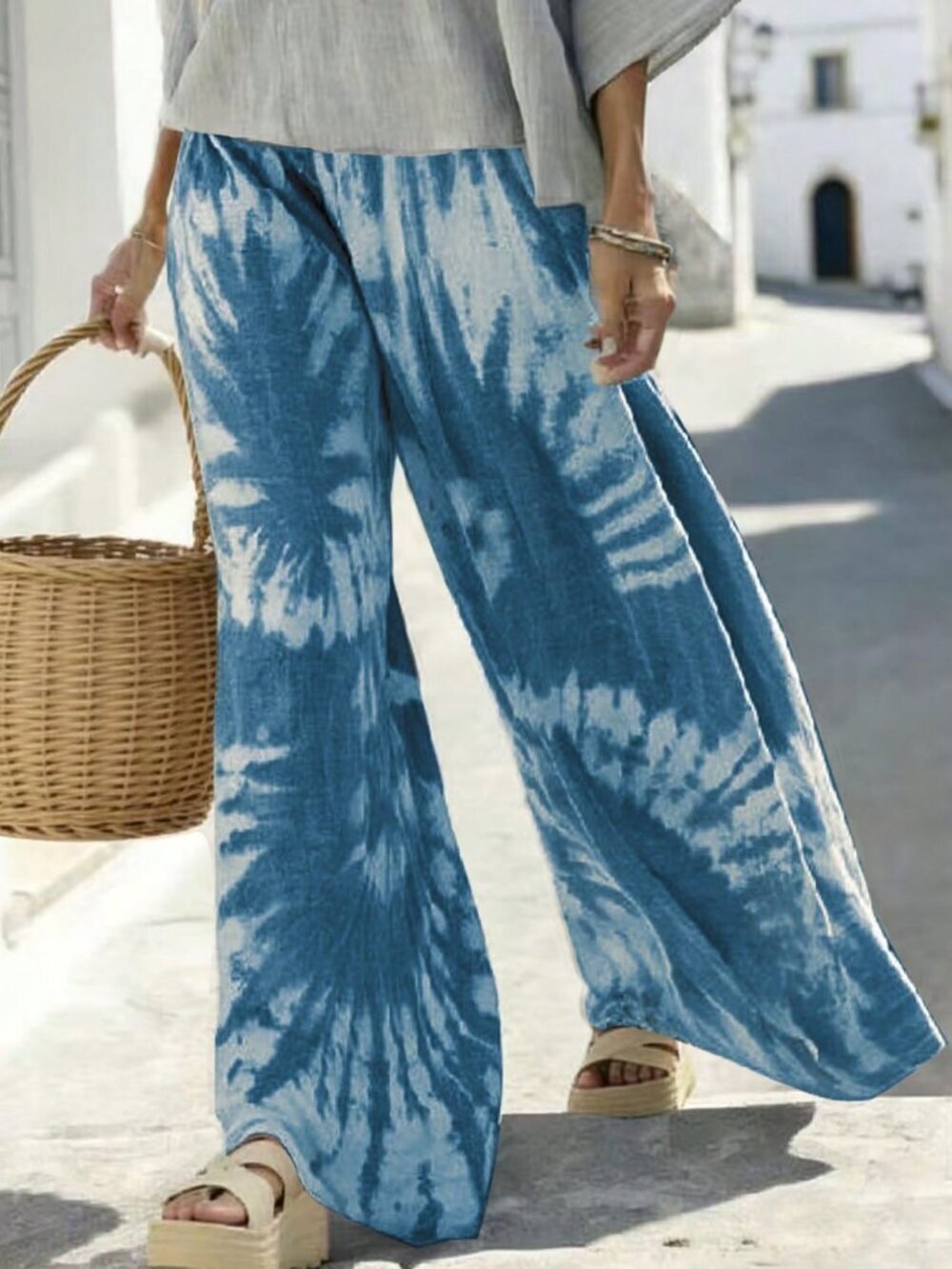 Blue Boho Women's Casual Tie-Dye Loose Wide-Leg Pants